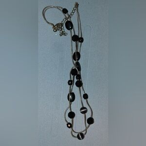 Black Beaded Necklace with Silver Chains